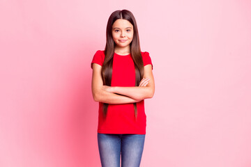 Photo of latin kid girl cross hands wear casual style outfit isolated over pink color background