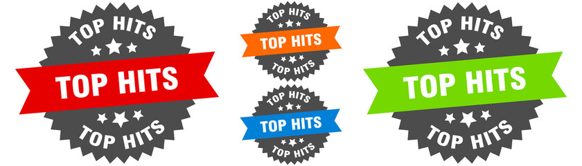 top hits sign. round ribbon label set. Seal