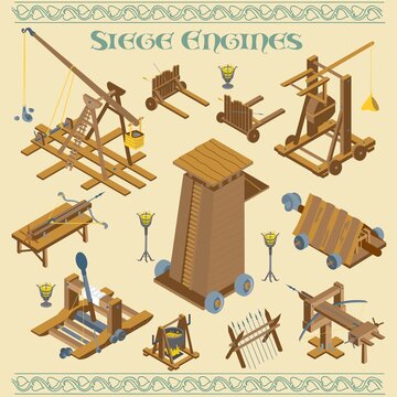 Medieval And Roman Siege Engines And War Machines Battle In Isometric Vector Illustration