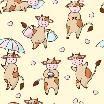 Vector seamless pattern with cartoon cows