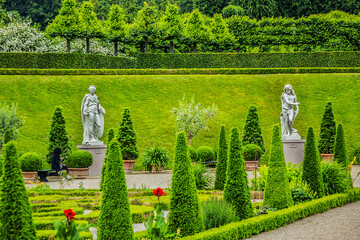 Beautiful garden in Frederiksborg Castle (Frederiksborg Slot, XVII century) - palace in Hillerod,...