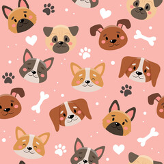 Cute pets pattern with different dogs. illustration in flat style