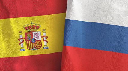 Russia and Spain two flags textile cloth 3D rendering