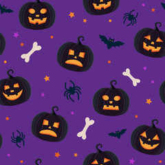 Fototapeta premium Halloween pattern with different pumpkins, spooky jack o lantern, spiders and bats