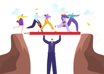 Fototapeta premium Team crossing mountain cliff with business boss, manager businessman character vector illustration. Man help people to success challenge, cartoon worker teamwork concept for high career.