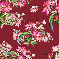 Seamless pattern delicate bouquet of peonies with buds