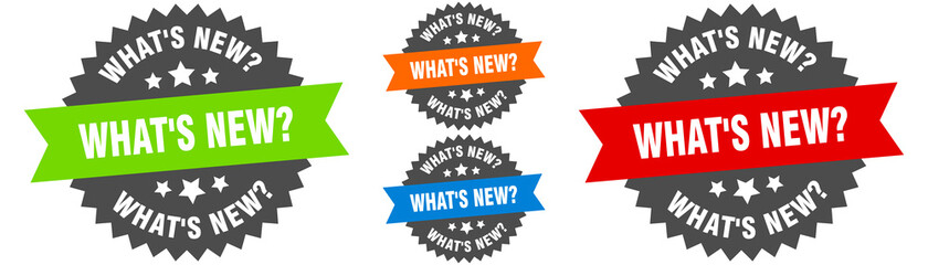 what's new? sign. round ribbon label set. Seal