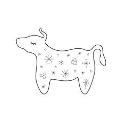 Stylized cute bull. Outline style. Vector illustration for décor, greeting cards, posters, prints for clothes, emblems.