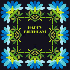 Birthday greeting card with flowers and geometric shapes. A festive banner. Vector illustration for web design or print.