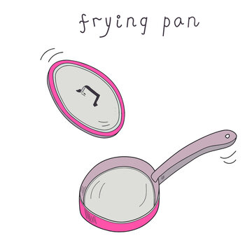 Pink steel frying pan with a pan lid in motion cartoon sketch. Kitchenware eccentric doodle vector hand-drawn illustration