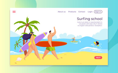 Summer beach vacation, vector illustration. People surfing at sea travel, sport ocean flat banner. Cartoon surf holiday page background, man woman character with surfboard, landing template design.