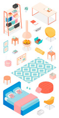 Set of isometric furniture and accessories. Vector collection. Illustration in flat design.
