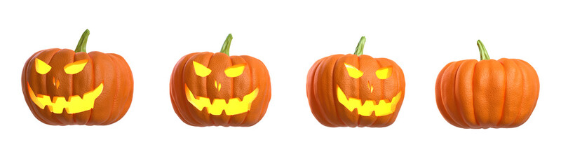 big head orange pumpkin with face yellow light inside. isolate on white background. The clipping path includes. Halloween object concept. scary design. pumpkin skin noise texture. 3d illustrator.