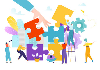 Business team work design, teamwork partnership puzzle vector illustration. Success strategy concept, people corporate idea together. Man woman cooperation communication at flat jigsaw.