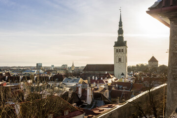 Tallinn, Estonia. The tower of St Nicholas Church (Niguliste kirik), from the Kohtuotsa viewing platform