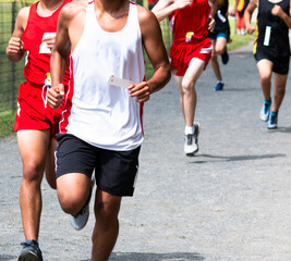 Cross country runners running a race on crushed gravel