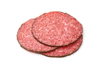Peppered salami slices, isolated on white background