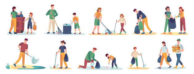 Fototapeta na wymiar Volunteer collects trash. Men, women and children cleaning nature from garbage set. Isolated vector family picks up and sorting waste. Illustration volunteer people together collect rubbish