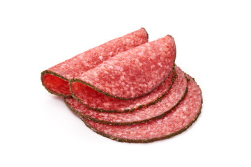 Peppered salami slices, isolated on white background