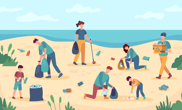 Beach Cleaning. Volunteers Protect Sea Coast From Pollution. People Picking Up Trash From Beaches. Environmental Protection Illustration. Garbage Trash And Cleaning Beach, Ecological Outdoor