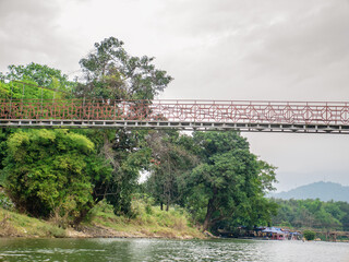 Beautiful view of nam song river with mountain view at Vangvieng city Lao.Vangvieng City The famous holiday destination town in Lao.