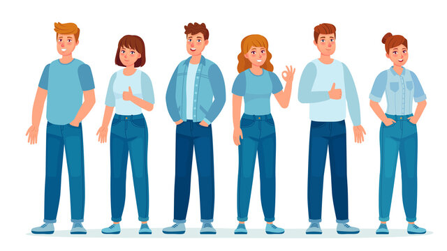 Group of people in jeans. Students in casual denim clothes standing together. Young women and men. Teenagers in jean pants vector concept. Illustration people male and female in jeans