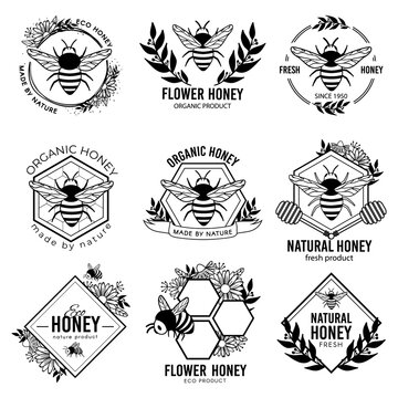 Honey labels. Beekeeping eco product badges, apiculture natural organic propolis stickers. Flower nectar ad tags vector isolated set. Bee emblem, beekeeping badge organic illustration