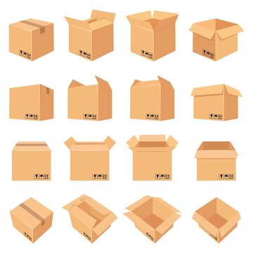 Open and closed cardboard box. Delivery package in side, front and top view. Packaging process. Carton boxes with fragile signs vector set. Illustration cartboard box to distribution and packaging