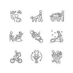 Employment opportunities linear icons set. Restaurant host and hostess. Dog walker. Car washer. Barista. Customizable thin line contour symbols. Isolated vector outline illustrations. Editable stroke
