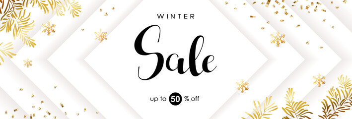 Winter sale vector poster with discount text and snow elements for shopping promotion. - obrazy, fototapety, plakaty