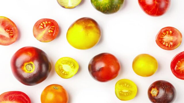Background made from different tomatoes on the white background
