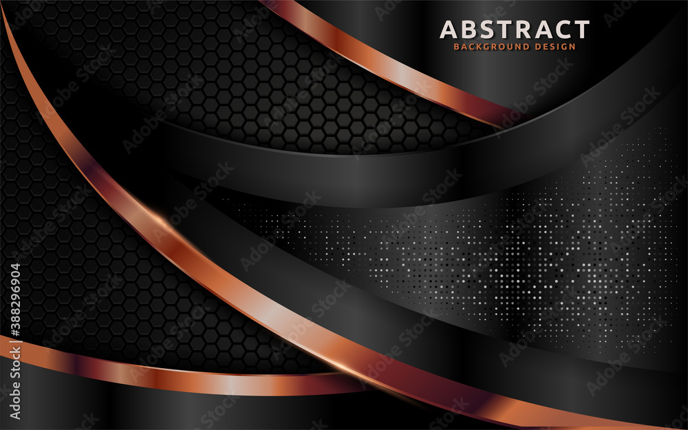 Poster Dark abstract background with overlap layer texture and golden lines element.