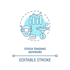 Stock trading advisors concept icon. Money earning futuristic tutorial. Smart analystic computer. AI application idea thin line illustration. Vector isolated outline RGB color drawing. Editable stroke