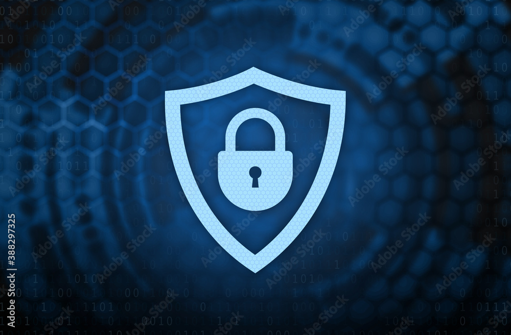 Poster Cybersecurity. Closed padlock with keyhole icon in the guard shield