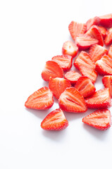 red raw fresh strawberries on white background, close view 