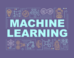 Machine learning technology word concepts banner. Computer science. Innovative tech. Infographics with linear icons on purple background. Isolated typography. Vector outline RGB color illustration
