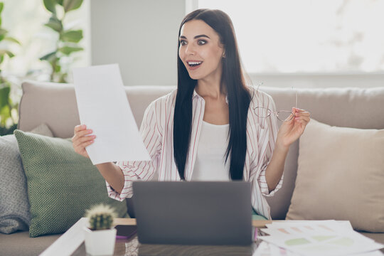 Photo Of Excited Amazed Young Woman Take Off Specs Look Candidate Resume Wear Glasses Shirt In Home Office Indoors