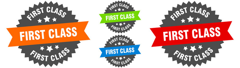first class sign. round ribbon label set. Seal