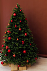 Christmas tree with gift decor for the New Year holiday winter place for inscription