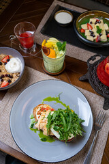 toast with boiled chicken egg and greens