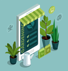 Gardening Tools, plants and mobile phone. Online garden shop concept. 3d isometric illustration.  - 388299129