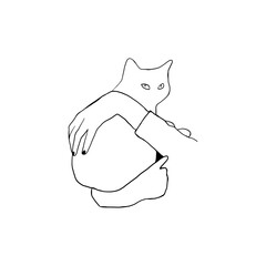 One line cat design silhouette. female hands holding a cat. hand drawn minimalism style vector illustration