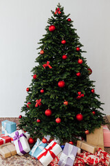 Christmas tree with gift decor for the New Year 2021 holiday winter place for inscription