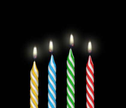 Four colorful birthday candles on black background. 3D illustration.