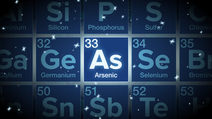 Close up of the Arsenic symbol in the periodic table, tech space environment.