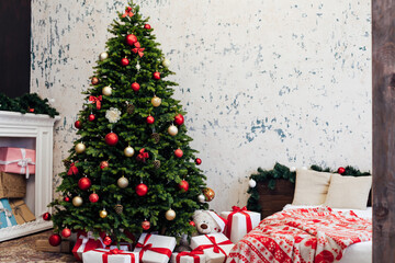 Christmas tree with gifts for new year bedroom holiday winter
