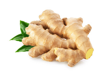 Ginger root with leaves isolated on white background   