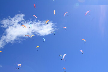 a group of paratroopers fly paragliding over the Italian Alps