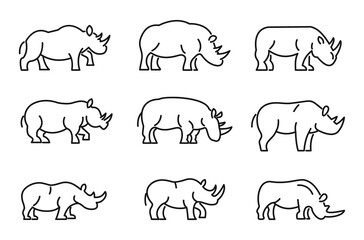 Rhino icons set. Outline set of rhino vector icons for web design isolated on white background