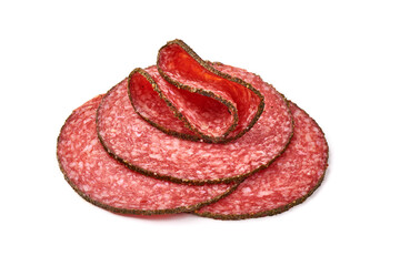 Sliced Salami with spices, isolated on white background